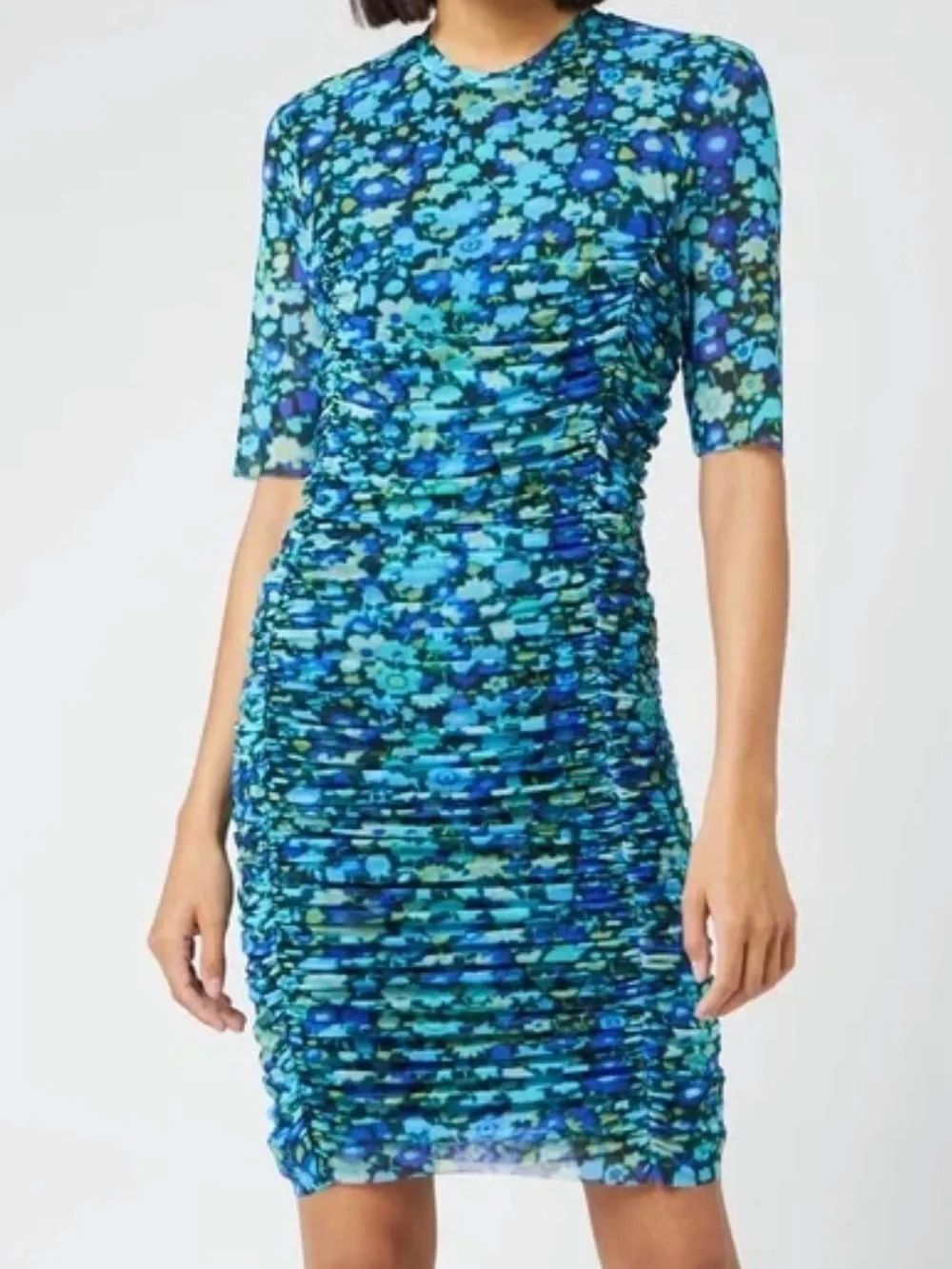 Ganni Blue Floral Ruched Midi Dress size 34